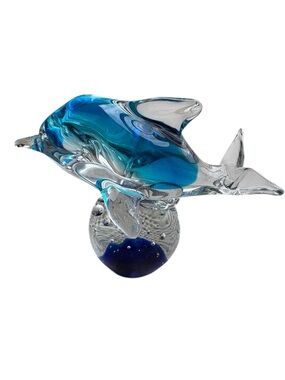 Blue Glass Dolphin with Bubbles Collectible Paperweight Home Decor Figurine Sea